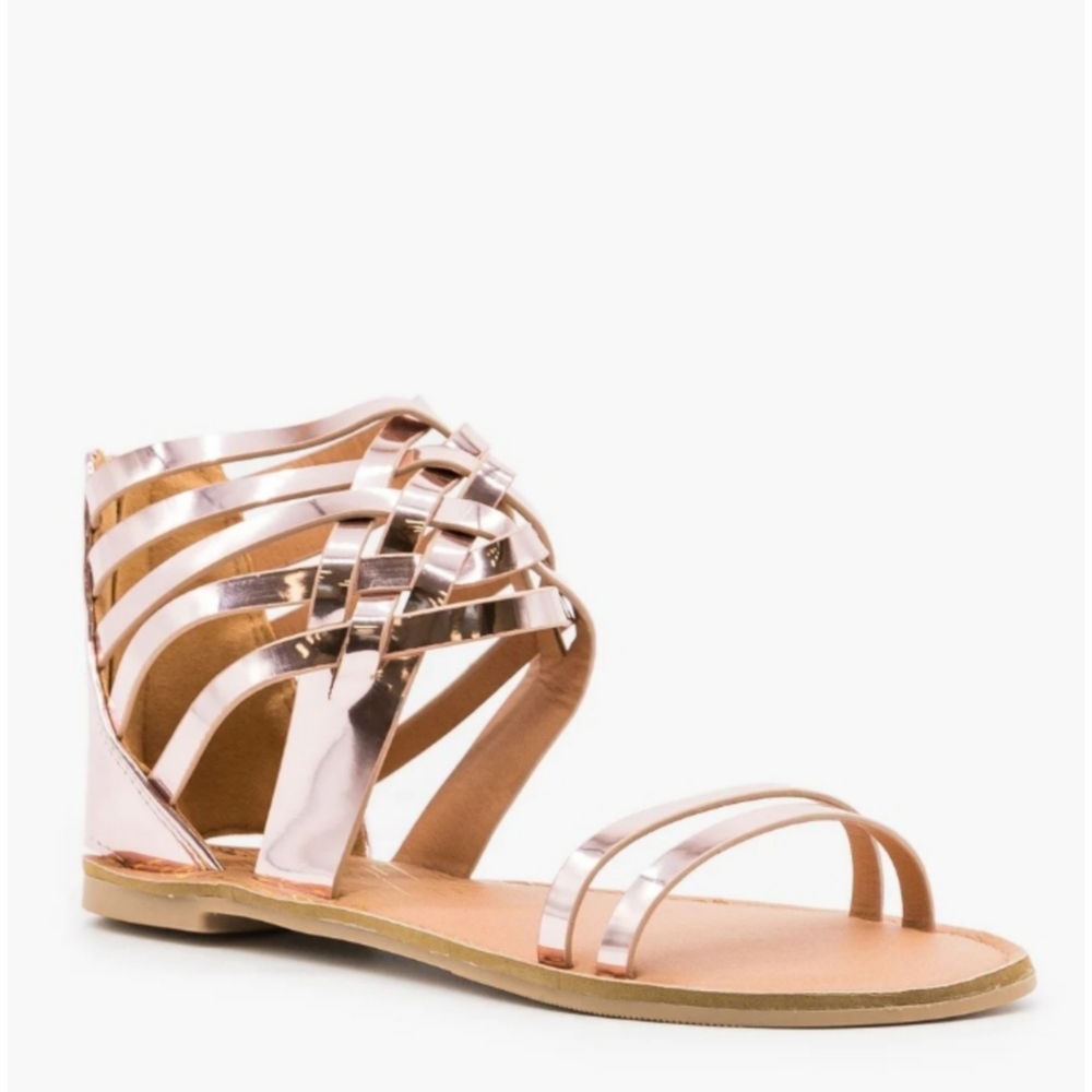 Qupid | Rose Gold Metallic Strappy Gladiator Sandals